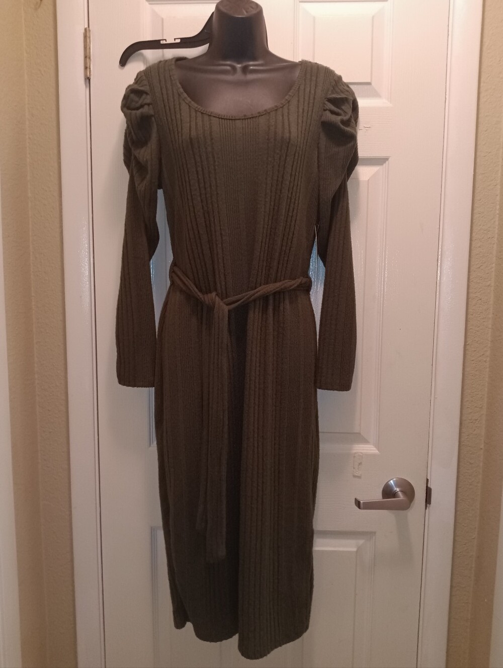 NWT Absolutely Fabulous Olive Ribbed Knit Belted Midi Sweater Dress L